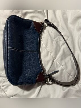 Dooney & Bourke Navy Pebbled Leather Shoulder Bag with Brown Trim